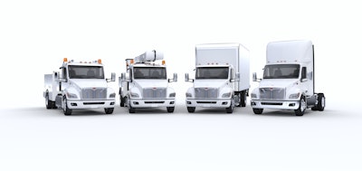 Peterbilt's new medium-duty EV lineup, from left: 536EV, 537EV and 548EV.