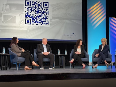 From left: Emily Poladian, MEMA Aftermarket Suppliers; Tim Bauer, Eaton; Nicole Oreskovic, Bendix CVS; and Paige Petroni, Fontaine Fifth Wheel, participate in a supplier operations panel discussion during Heavy Duty Aftermarket Dialogue Monday in Grapevine, Texas.