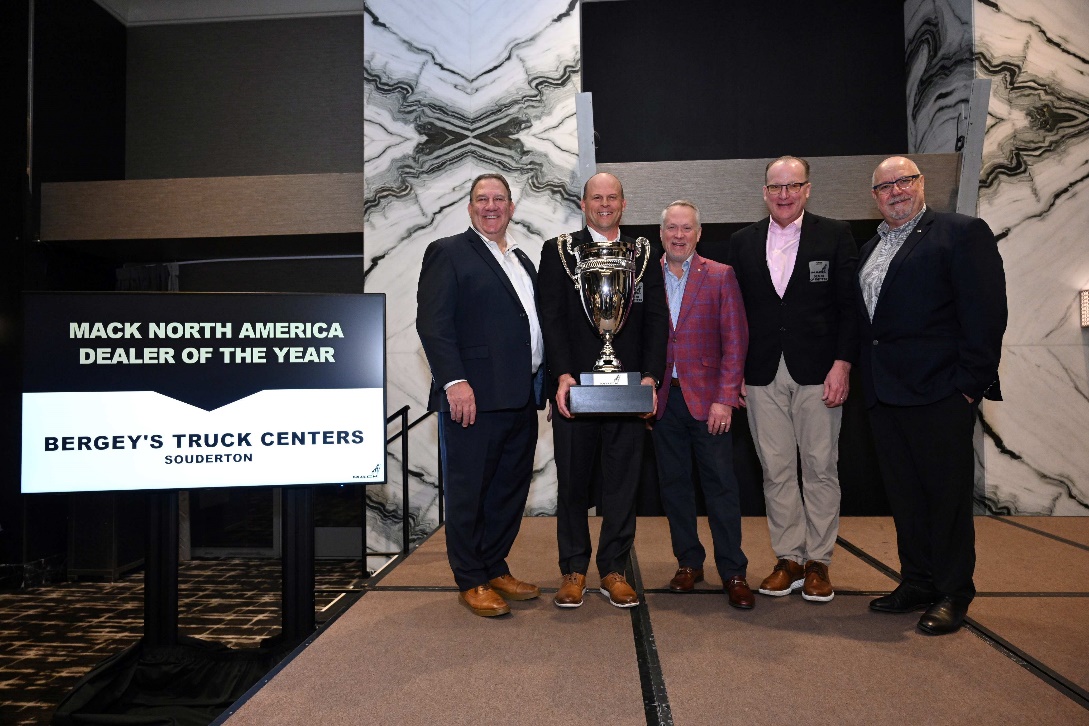 Bergey's Truck Centers of Souderton, Penn., was named Mack Trucks 2025 Dealer of the Year. Mack Trucks President Jonathan Randall, left, presented the award to Mark Bergey, CEO of Bergey's Truck Centers; along with Stephen Roy, president of Mack; Jim Gavaghan, Bergey's Commercial Group president; and Dean Bestwick, Mack regional vice president, northeast.
