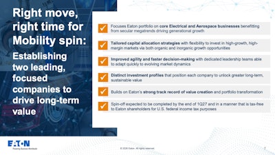 A slide from Eaton's recent earnings call showing the company's motivations for spinning off its Vehicle and eMobility divisions.