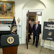 President Donald J. Trump walks in to an announcement of greenhouse gas (GHG) deregulation recently. On Friday, the administration was hit by lower than expected gross domestic product and a Supreme Court ruling striking down some tariffs.
