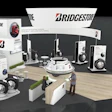 Bridgestone trade show booth with interactive displays, product showcases, and branded signage in modern exhibition space
