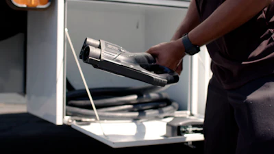 Xos' new vehicle-to-grid (V2G) charger for commercial EV fleets, starting with an electric school bus platform in April 2026.