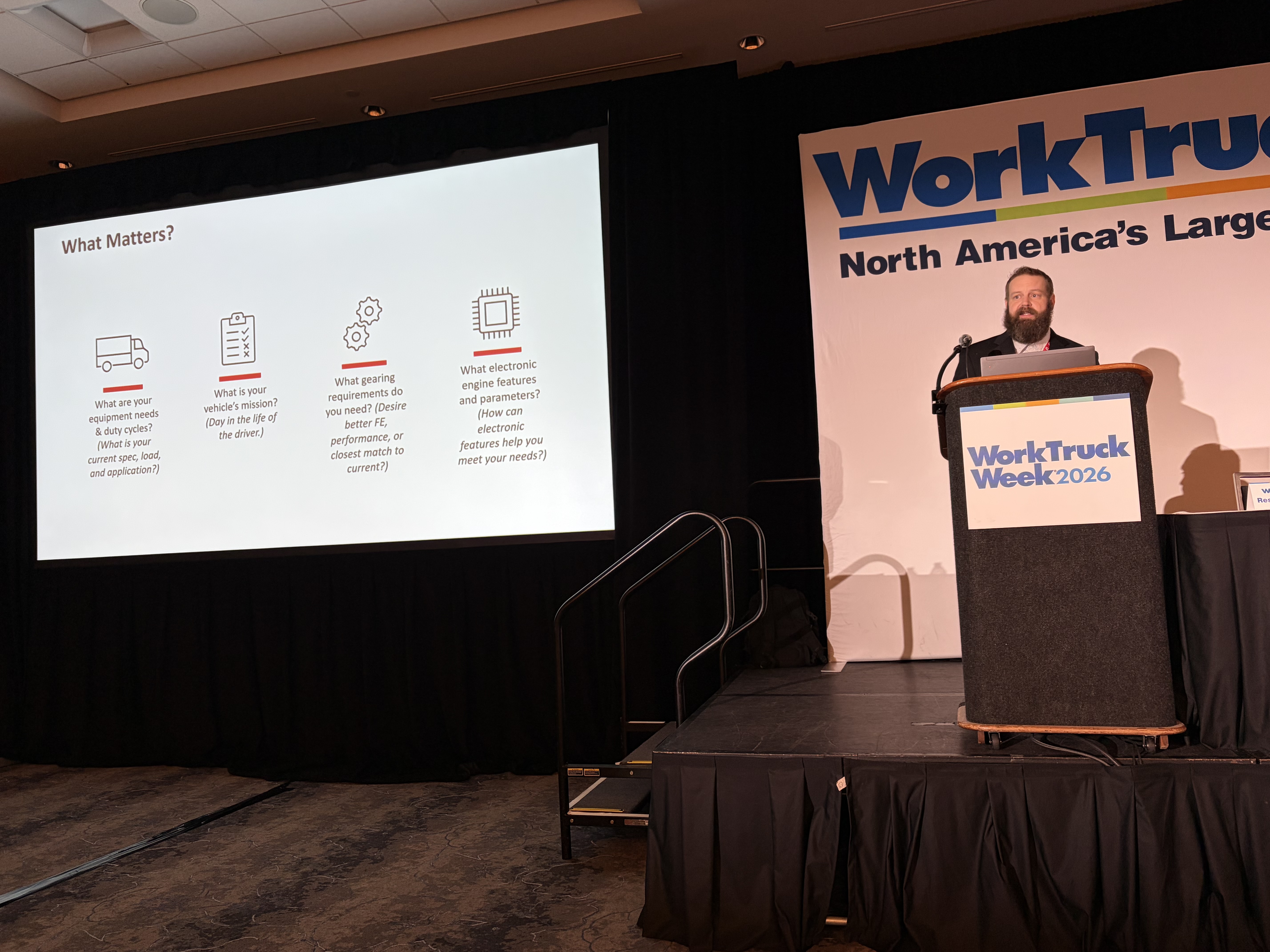 Kris Ptasznik, Cummins&rsquo; Engine Business powertrain TCO and consultancy leader, speaks about engine spec&rsquo;ing during Work Truck Week 2026 Tuesday in Indianapolis.