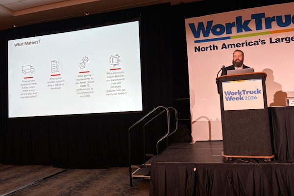 Kris Ptasznik, Cummins’ Engine Business powertrain TCO and consultancy leader, speaks about engine spec’ing during Work Truck Week 2026 Tuesday in Indianapolis.