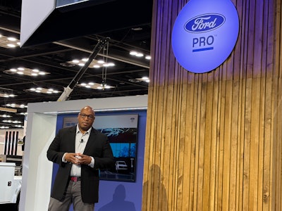 Kevin Dunbar, general manager at Ford Pro Intelligence, speaks Tuesday during a press conference at Work Truck Week 2026 in Indianapolis.