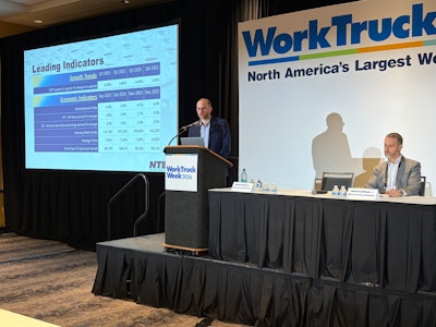NTEA's Andrew Wrobel discusses economic indicators that put pressure on commercial vehicle demand during Work Truck Week 2026 Wednesday in Indianapolis.