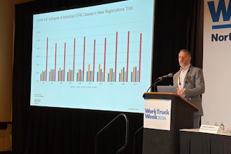 Andrej Divis with S&P Global speaks about commercial vehicle registration trends during a business session Wednesday at Work Truck Week 2026 in Indianapolis.