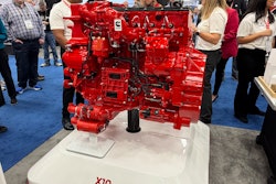 Cummins new X10 engine and a model of its Twin Module Aftertreatment system are displayed at Work Truck Week 2026 Wednesday in Indianapolis.