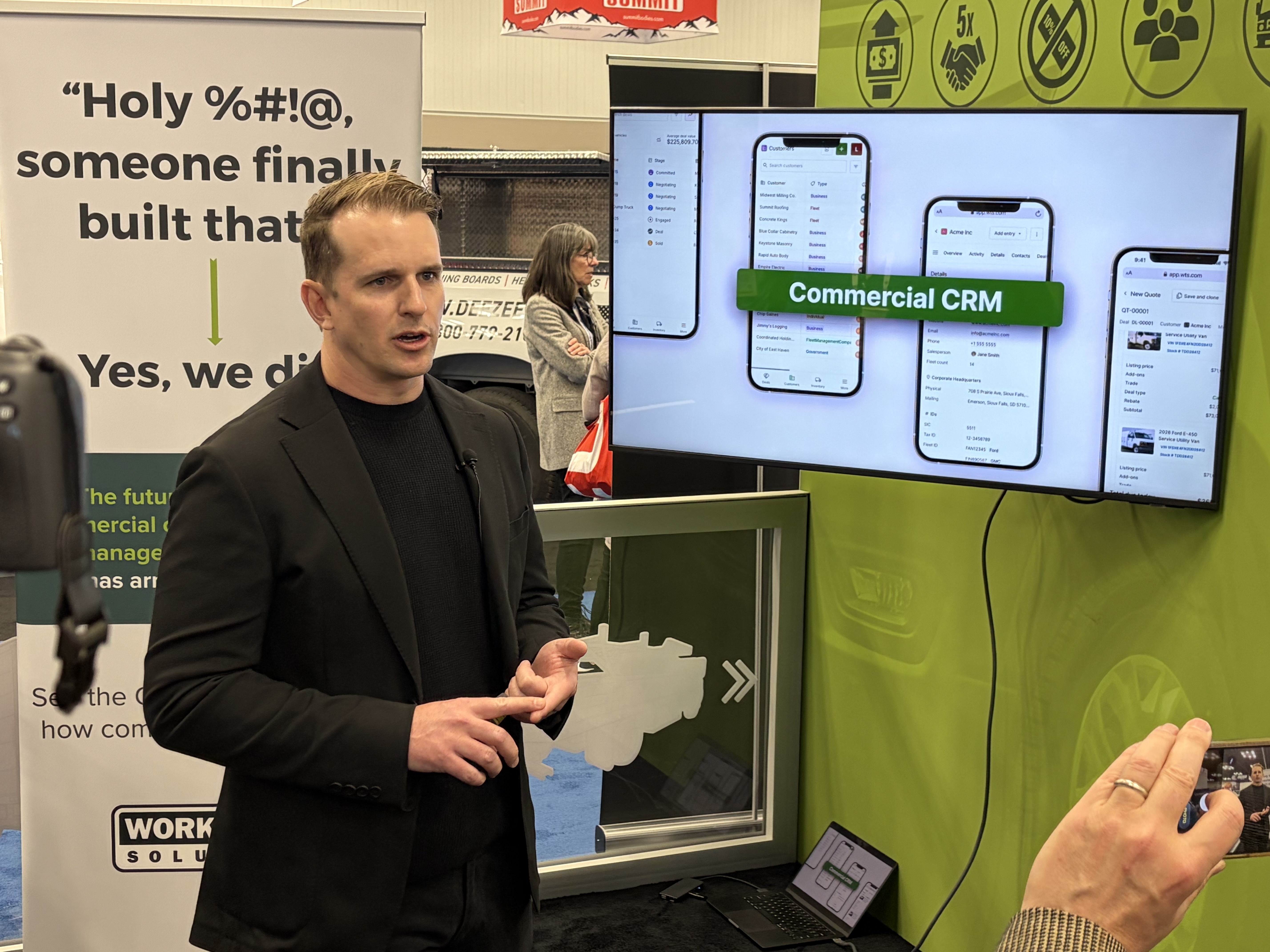 Alex Young, chief product officer at Work Truck Solutions, launches the company's new CRM during Work Truck Week 2026 Wednesday in Indianapolis.