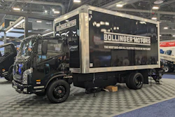 The battery-electric Class 4 Bollinger Motors B4 chassis cab on display at the 2025 ACT Expo.