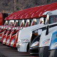 Row Of Red White And Blue Class 8 Trucks