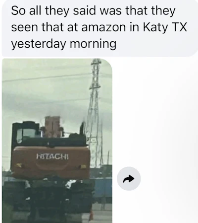 One message that helped locate the equipment is shown, with a picture of the excavator on Miceli's trailer. Miceli said he knew the trailer was his because of the flag placement.