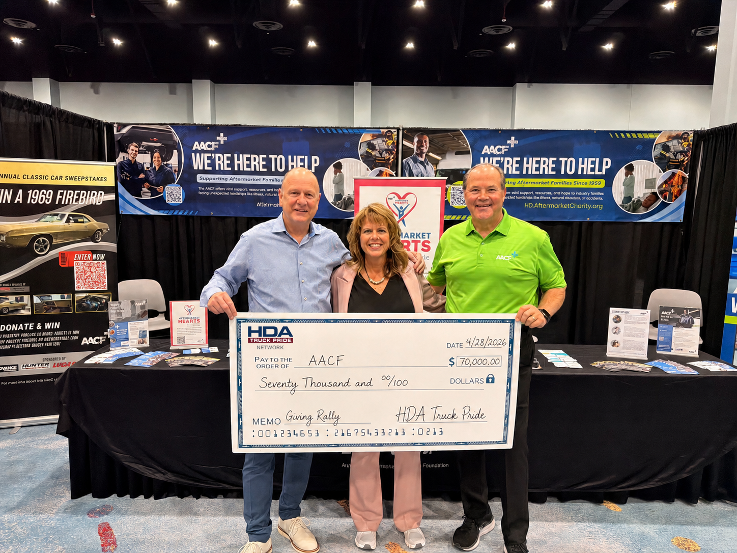 Left to Right: Jon Owens, president, AACF Board of Trustees; Tina Hubbard, president and CEO, HDA Truck Pride; John Kairys, executive director, AACF, at the conclusion of the HDA Truck Pride Giving Rally Cornhole Tournament last week in San Diego.