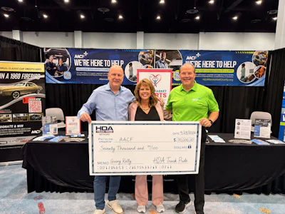 Left to Right: Jon Owens, president, AACF Board of Trustees; Tina Hubbard, president and CEO, HDA Truck Pride; John Kairys, executive director, AACF, at the conclusion of the HDA Truck Pride Giving Rally Cornhole Tournament last week in San Diego.