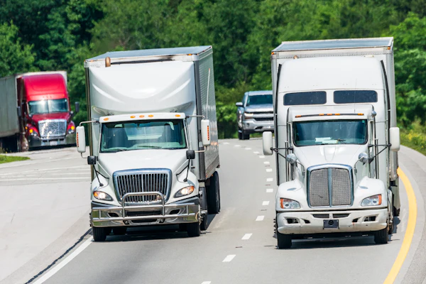 Trucks Driving Over Hill And Down Highway
