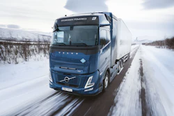 A hydrogen-powered Volvo semi truck undergoing winter road testing in Europe.