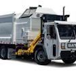 White and gray Battle brand garbage truck with yellow hydraulic arm and compactor body on white background