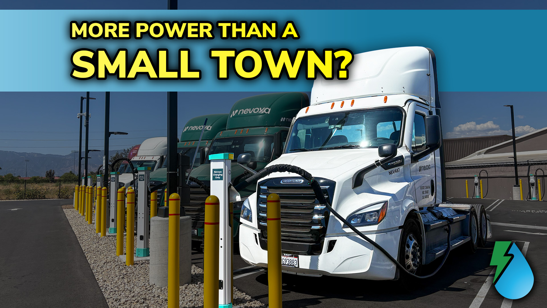 Freightliner eCascadias lined up at EV Realty's San Bernardino charging hub.