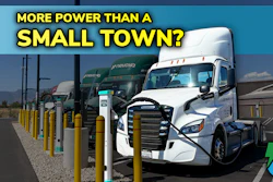Freightliner eCascadias lined up at EV Realty's San Bernardino charging hub.