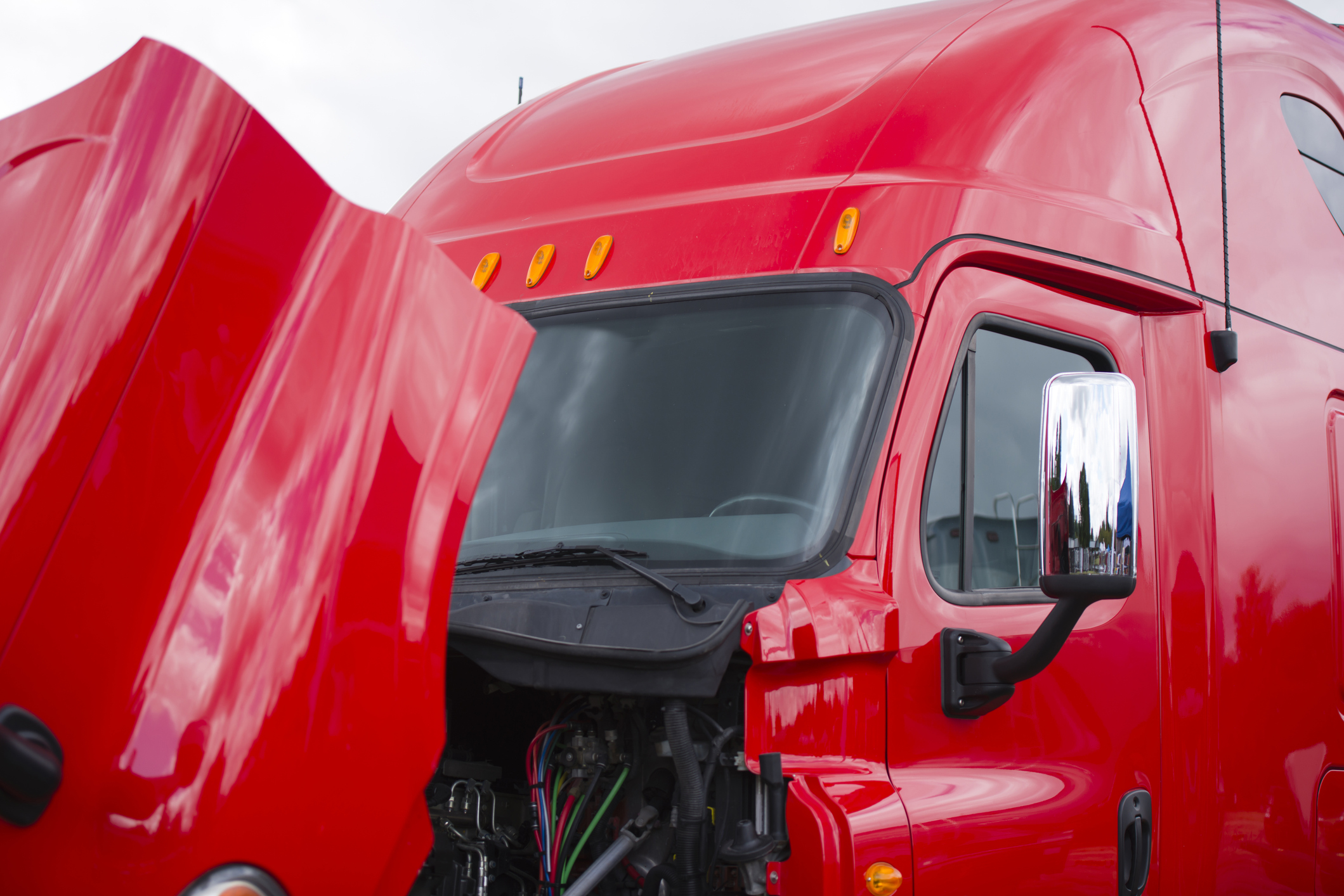 Red Truck With Hood Raised