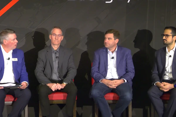 From left: Rob Allerton, MEMA; Dirk Wohltmann, ZF; Dan Forthoffer, Phillips Innovations; and Mohammed Fatouraie, Bosch; speak during the real-world supplier panel discussion Wednesday at MEMA's Commercial Vehicle Outlook Conference.