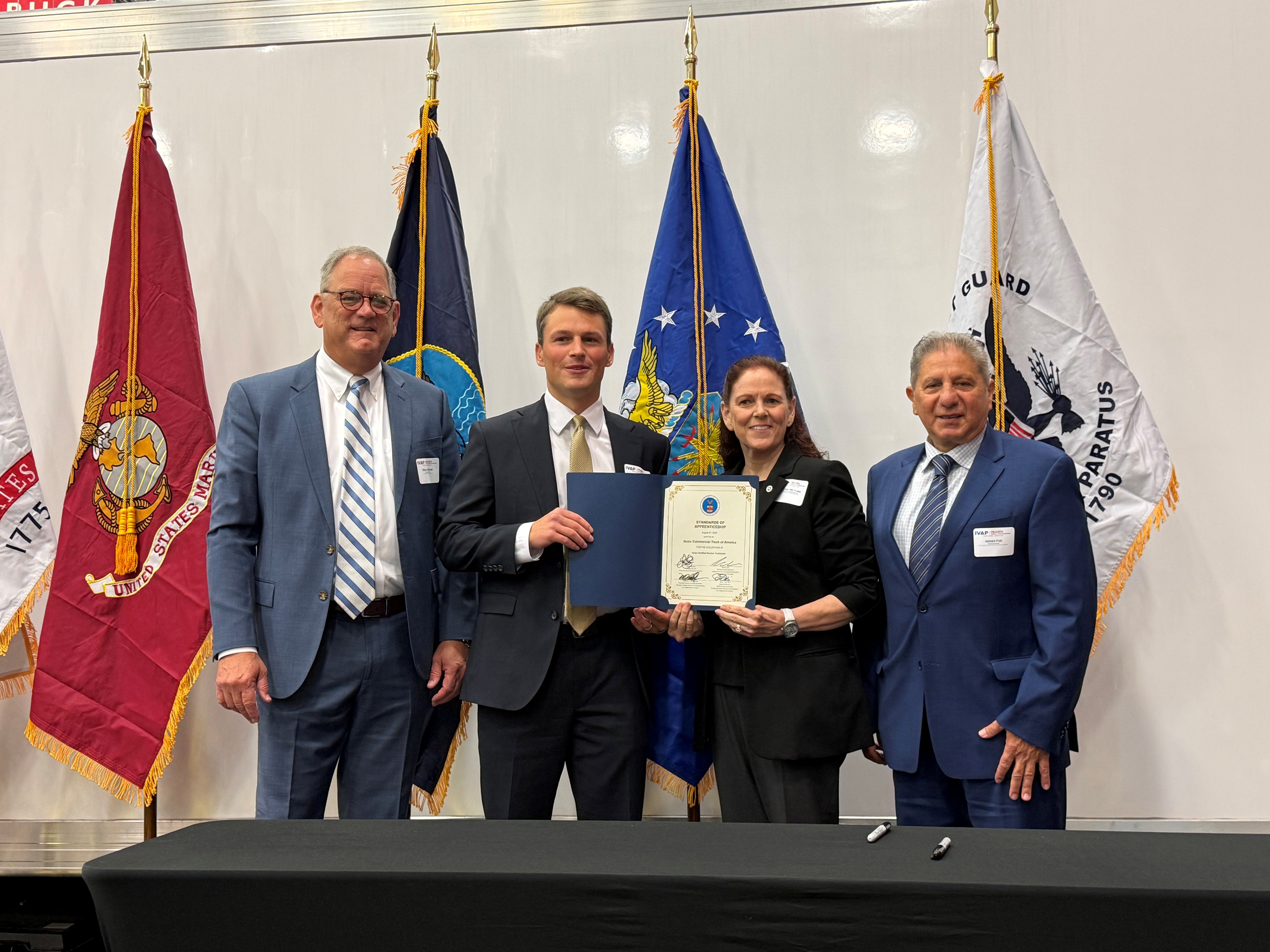 Left to Right: Shaun Skinner – President of Isuzu Commercial Truck of America; Marek Laco – Acting Assistant Secretary at the Department of Labor; Mary-Kate Flatley - Principal Deputy Assistant Secretary Veterans Employment; Jim Foti – Regional Director, Office of Apprenticeship Employment.