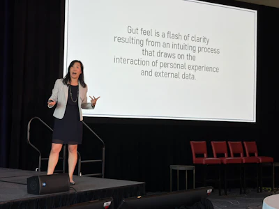 Laura Huang speaks during the CVSN Summit Friday in Montreal.