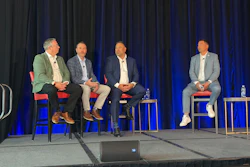 Marc-Philippe Beaudoin, vice president, product management, Heavy Duty at UAP; Kurt Gustafson, senior director of operations and Cox/Northeast Great Dane; Steve Bashir, president, Heavy Duty at Dayton Parts; and Bruno Gattamorta, CCO at Cojali USA, on stage during a panel discussion Friday at the CVSN Executive Summit in Montreal.
