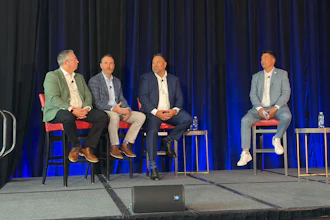 Marc-Philippe Beaudoin, vice president, product management, Heavy Duty at UAP; Kurt Gustafson, senior director of operations and Cox/Northeast Great Dane; Steve Bashir, president, Heavy Duty at Dayton Parts; and Bruno Gattamorta, CCO at Cojali USA, on stage during a panel discussion Friday at the CVSN Executive Summit in Montreal.