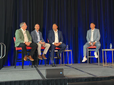 Marc-Philippe Beaudoin, vice president, product management, Heavy Duty at UAP; Kurt Gustafson, senior director of operations and Cox/Northeast Great Dane; Steve Bashir, president, Heavy Duty at Dayton Parts; and Bruno Gattamorta, CCO at Cojali USA, on stage during a panel discussion Friday at the CVSN Executive Summit in Montreal.