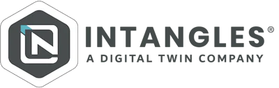 Intangles logo: hexagonal badge with teal arrow icon and company name, tagline reads 'A Digital Twin Company'