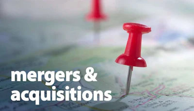 Red pushpins on a world map with 'mergers & acquisitions' text overlay representing business growth strategy