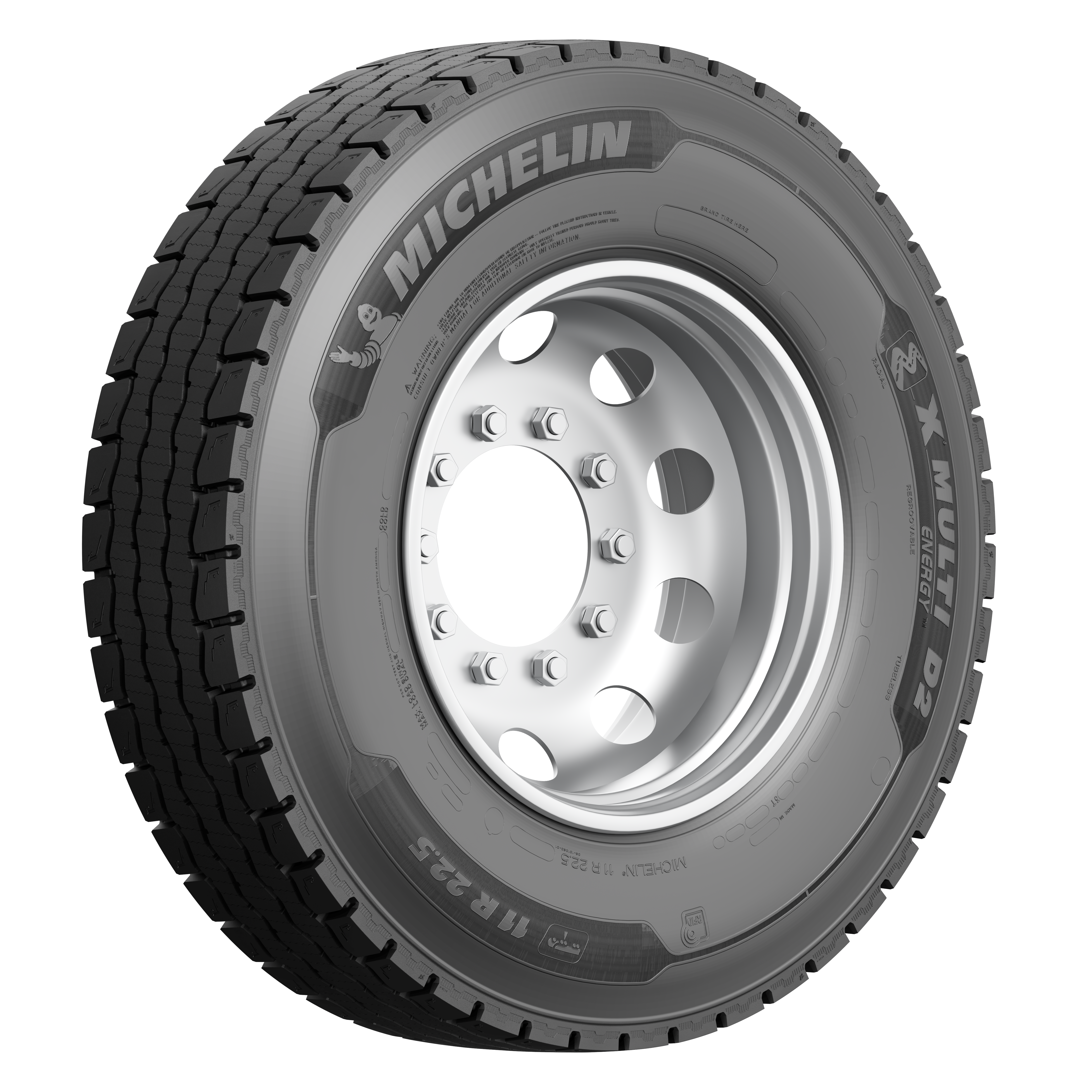 Michelin commercial truck tire with metallic rim and deep tread pattern