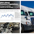 EPA diesel emissions regulations infographic showing Class 8 retail sales trends, diesel engine components, and commercial trucks with regulatory impact analysis.