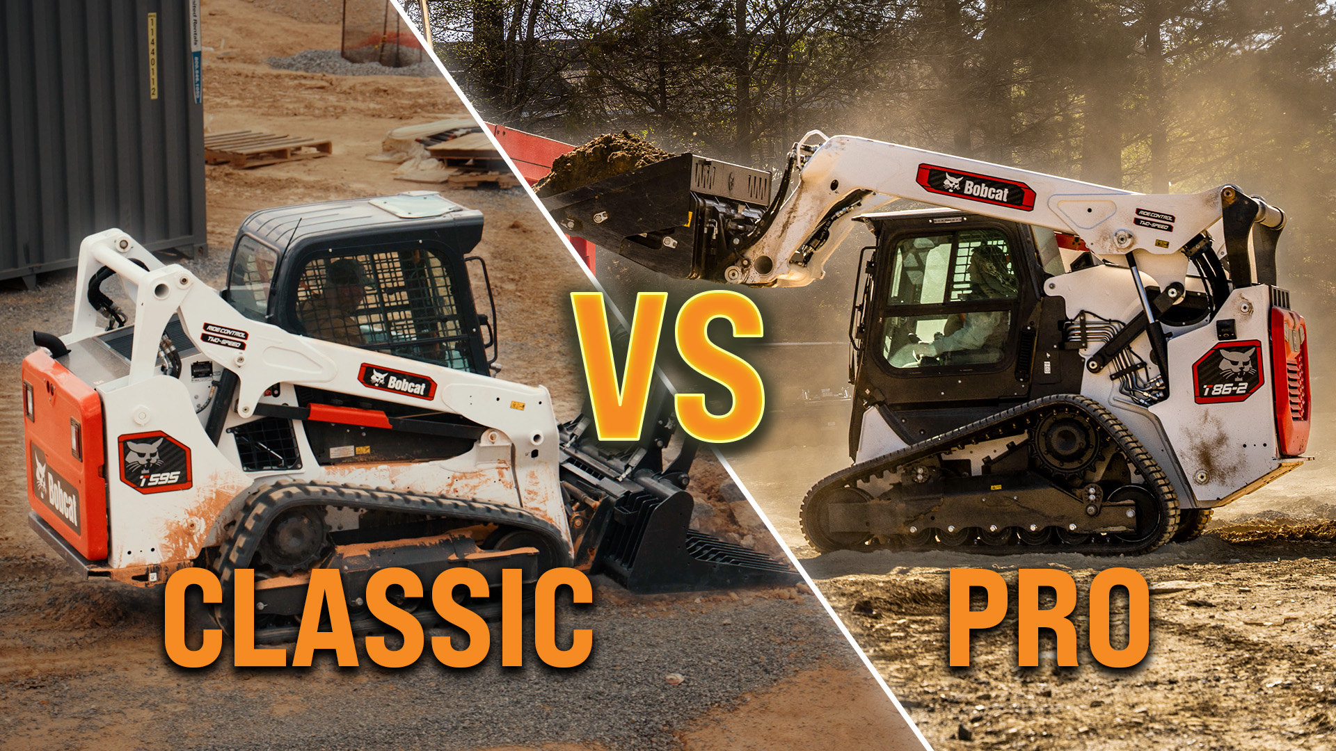 Bobcat Classic vs Pro skid steer loaders comparison showing wheeled and tracked models in construction settings