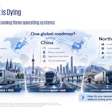 Global truck industry infographic comparing operational systems across Europe, China, and North America with regional focus areas and optimization strategies.