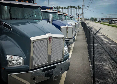 Row of International commercial trucks parked at a dealership with palm trees and industrial facility in background