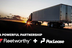 Semi-truck driving on highway at sunset with Fleetworthy and PacLease partnership announcement text overlay