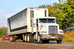 White refrigerated semi-truck with Thermo King cooling unit parked on roadside with trees and red car visible