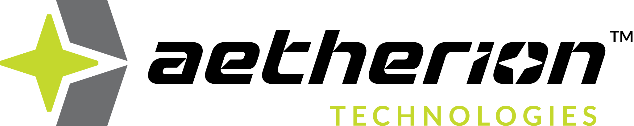 Aetherian Technologies logo featuring a lime green and gray four-pointed star with black italicized text