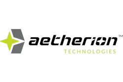 Aetherian Technologies logo featuring a lime green and gray four-pointed star with black italicized text