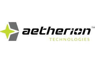 Aetherian Technologies logo featuring a lime green and gray four-pointed star with black italicized text