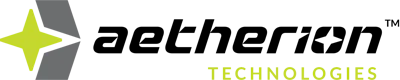 Aetherian Technologies logo featuring a lime green and gray four-pointed star with black italicized text