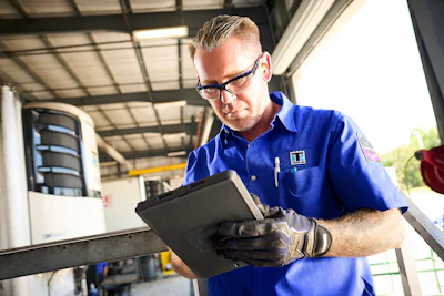 Technician in blue uniform examining tablet in industrial garage setting