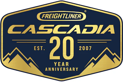 Freightliner Cascadia 20 Year Anniversary logo featuring navy and gold shield with mountain graphics, established 2007