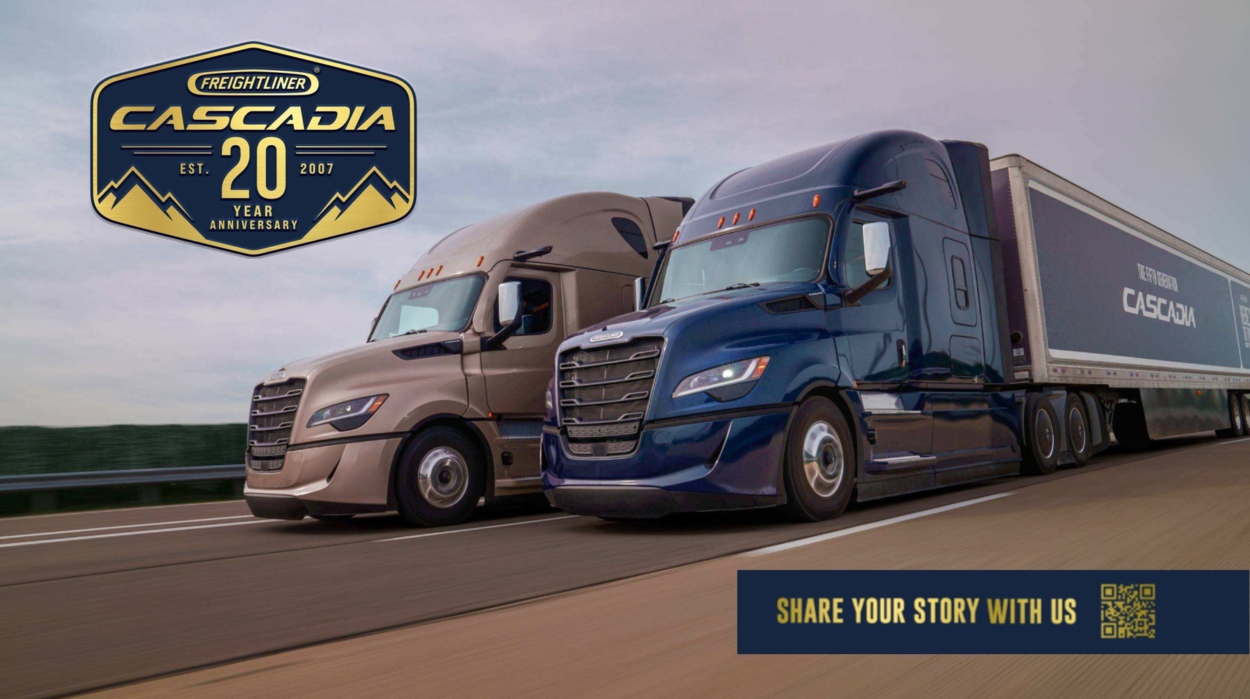 Two Freightliner Cascadia semi-trucks on highway celebrating 20-year anniversary with QR code to share your story