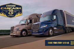 Two Freightliner Cascadia semi-trucks on highway celebrating 20-year anniversary with QR code to share your story