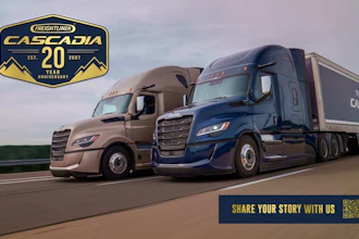 Two Freightliner Cascadia semi-trucks on highway celebrating 20-year anniversary with QR code to share your story