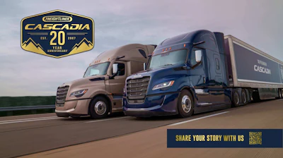 Two Freightliner Cascadia semi-trucks on highway celebrating 20-year anniversary with QR code to share your story
